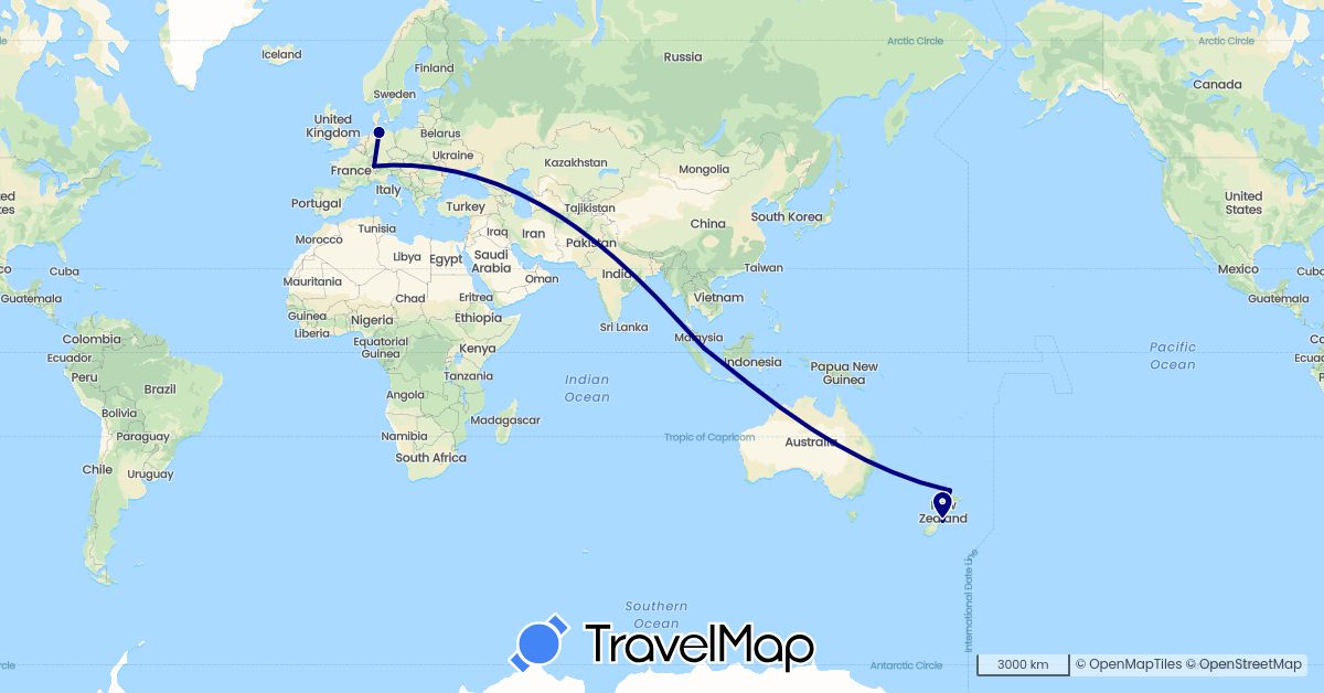 TravelMap itinerary: driving in Switzerland, Germany, New Zealand, Singapore (Asia, Europe, Oceania)